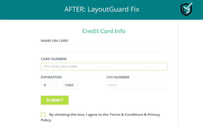 The fields are re-ordered to follow a natural, easy-to-read flow. The checkbox is aligned correctly so the purchase can be completed.