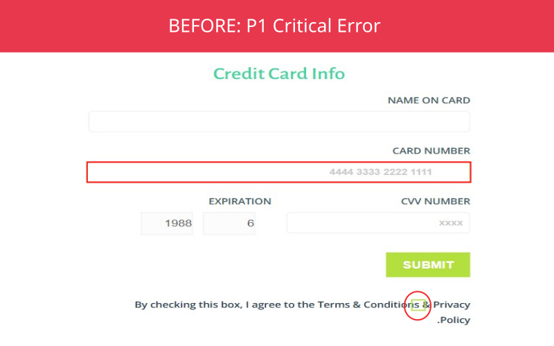 The credit card fields are in a jumbled order, making it confusing to fill out. A required checkbox is also unreachable.